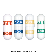 50 mg (red and white), 100 mg (blue and white), 200 mg (yellow and white) and 400 mg (green and white)